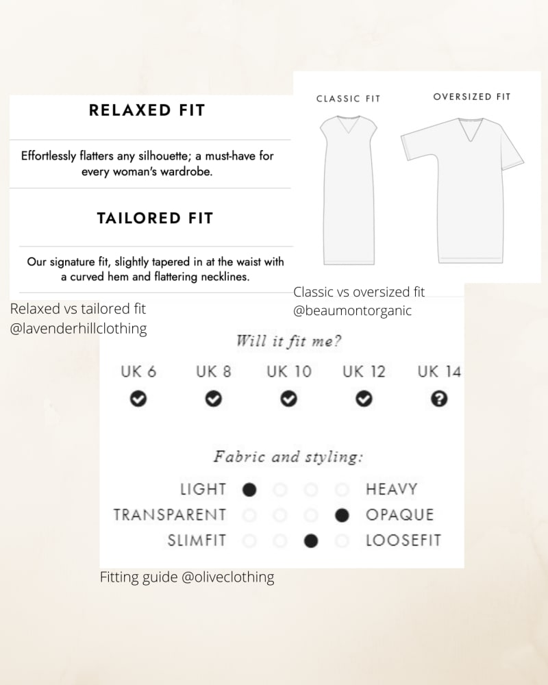 Different fitting guides provided by sustainable fashion brands